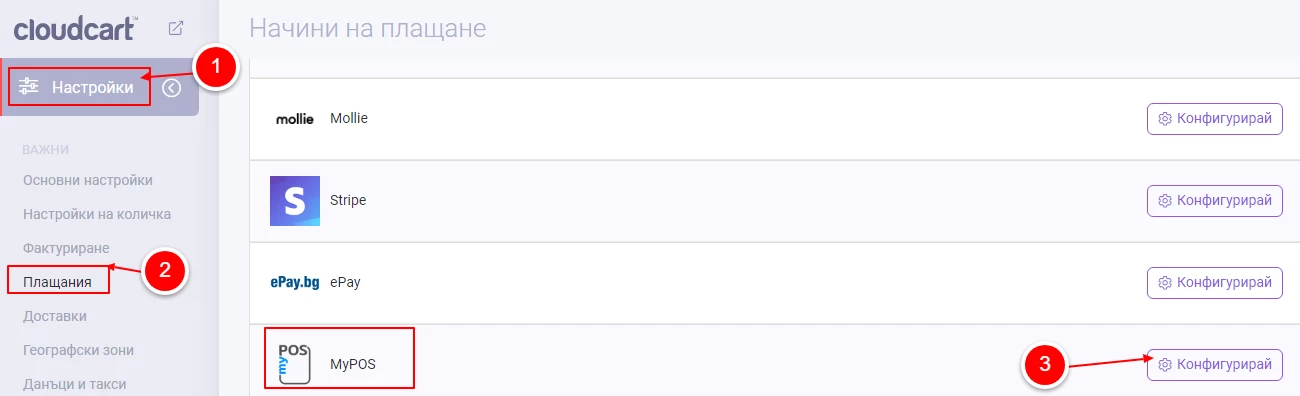Конфигурация на myPOS в CloudCart